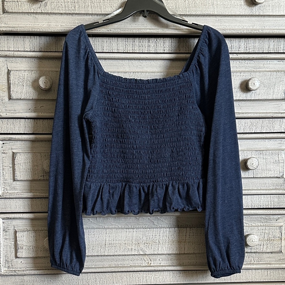 Arizona Jean Company Navy Smocked Long-Sleeve Crop Top with Ruffle Hem